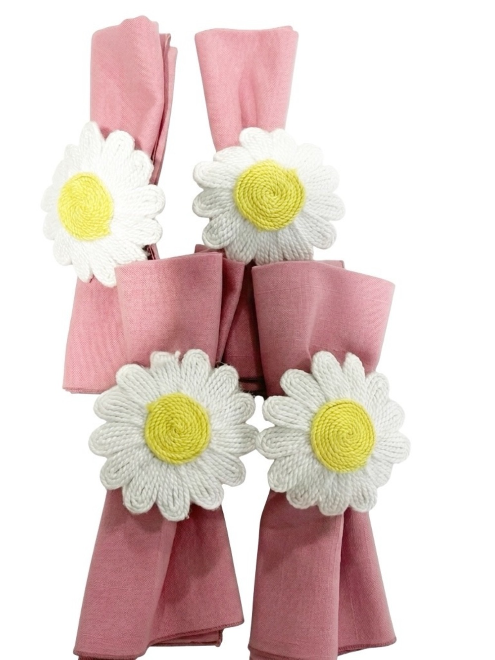 Set of 4 Mauve Cotton Napkins with Daisy Napkin Rings